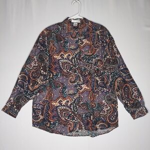 Susan Marsh 90s‎ Silk Shirt Women Medium Paisley Multicolor Print Button Collar